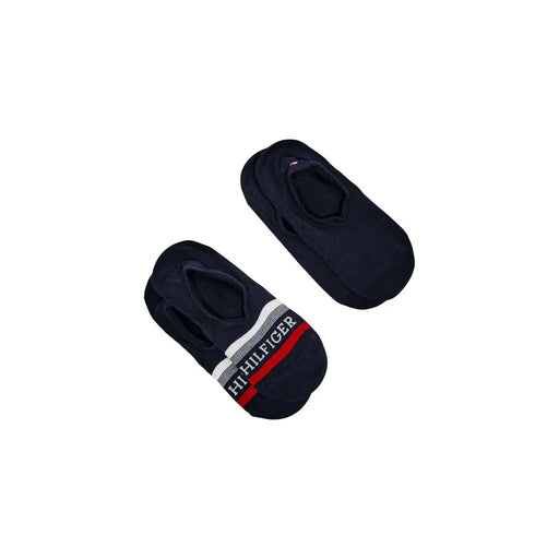 Navy blue Tommy Hilfiger men no-show socks with white and red striped band featuring brand logo