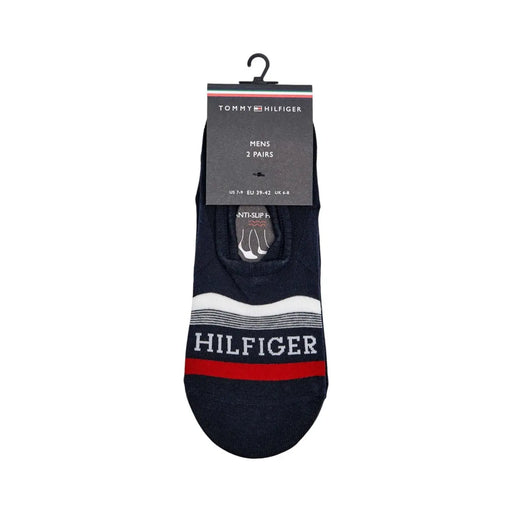 Dark navy blue tommy hilfiger men no-show socks with white and red stripes and bold white brand name stripe