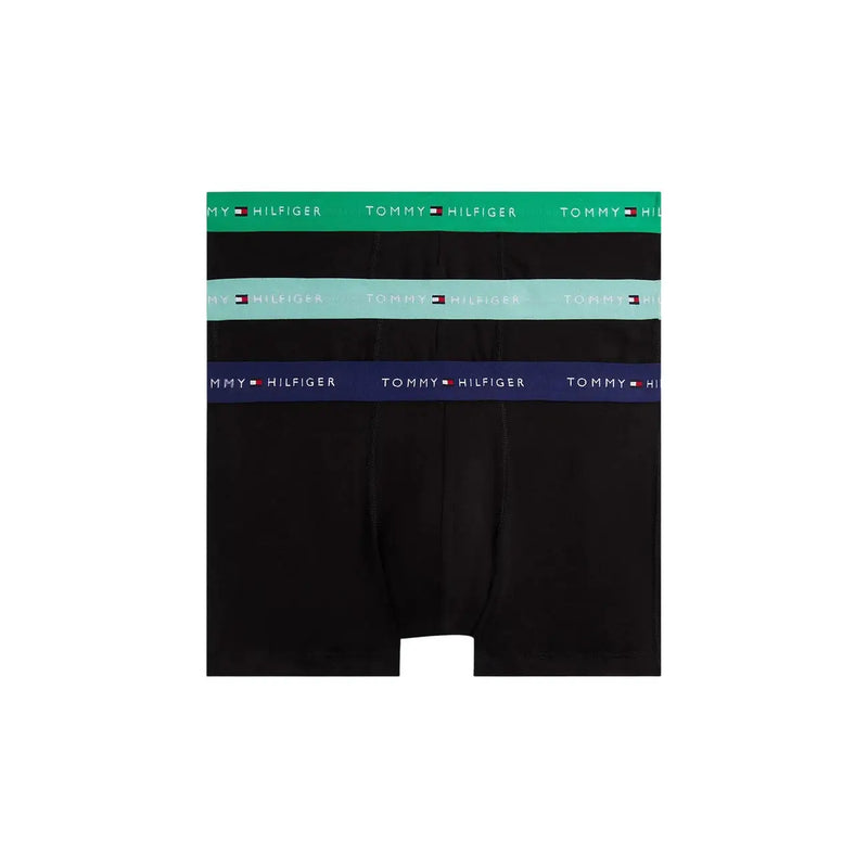 Tommy Hilfiger men underwear black boxer briefs with green, light blue, and navy elastic waistbands featuring logo