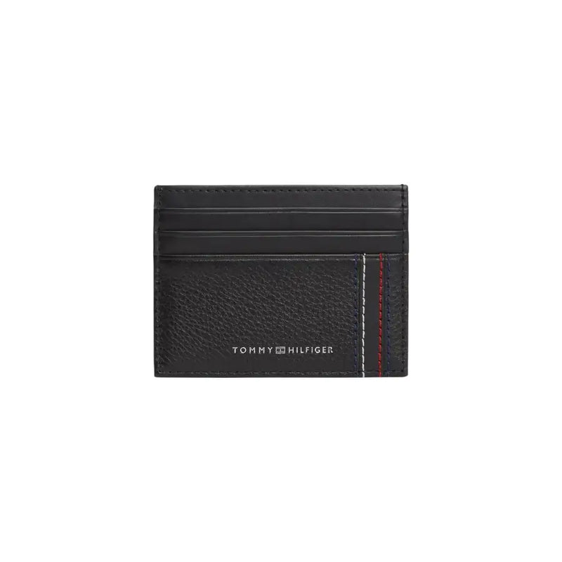 Tommy Hilfiger Herren-Geldbörse aus schwarzem, strukturiertem Leder mit Kartenfach und dezenten roten und weißen Ziernähten am Rand