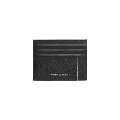 Tommy Hilfiger Herren-Geldbörse aus schwarzem, strukturiertem Leder mit Kartenfach und dezenten roten und weißen Ziernähten am Rand