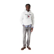 Tommy Hilfiger Weißer Herren-Baumwollhoodie mit auffälligem Logo und gestreiftem Schriftzug auf der Brust