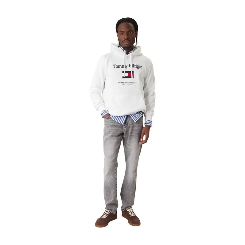 Tommy Hilfiger Weißer Herren-Baumwollhoodie mit auffälligem Logo und gestreiftem Schriftzug auf der Brust