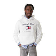 Tommy Hilfiger Weißes Herren-Sweatshirt aus Baumwolle mit schwarzer Schrift und rot-weiß-blauem Flaggenlogo auf der Brust