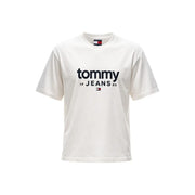 Tommy Hilfiger Weißes Herren-T-Shirt aus Bio-Baumwolle mit schwarzem Tommy 19 Jeans 85 Logo und Flaggenemblem auf der Vorderseite
