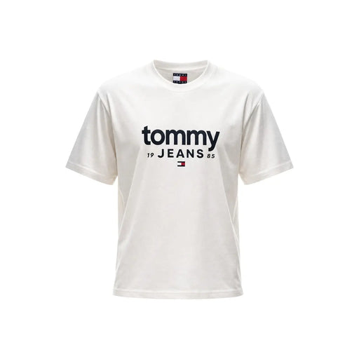 Tommy Hilfiger Weißes Herren-T-Shirt aus Bio-Baumwolle mit schwarzem Tommy 19 Jeans 85 Logo und Flaggenemblem auf der Vorderseite