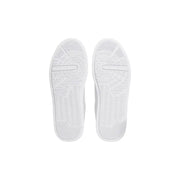 Weiße Gummisohlen mit strukturiertem, kreisförmigem Profil und dezenten geometrischen Linien auf weißen Tommy Hilfiger Herren-Sneakers aus Leder.