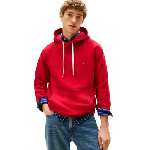 Tommy Hilfiger Roter Herren-Kapuzenpullover aus Baumwolle mit weißen Kordelzügen und kleinem Brustlogo