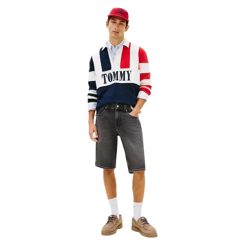 Tommy Hilfiger Poloshirt für Herren in Marineblau, Rot und Weiß mit auffälligem Tommy-Schriftzug auf der Brust, Vorderansicht
