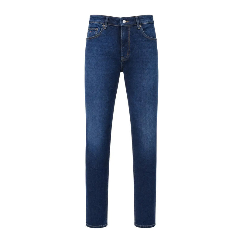Tommy Hilfiger Schmal geschnittene Herrenjeans aus dunkelblauem Denim mit geradem Bein und dezenter Auswaschung an den Oberschenkeln, Vorderansicht