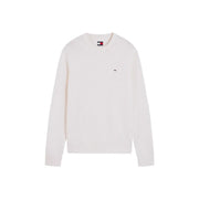 Tommy Hilfiger Schmal geschnittener Herrenpullover in Creme mit dezenten Logos auf Brust und Halsausschnitt, Vorderansicht
