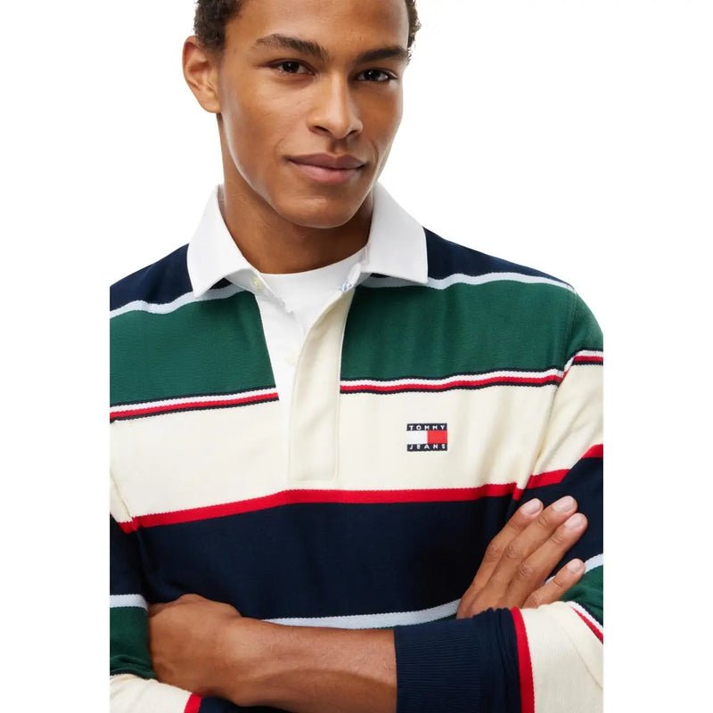 Tommy Hilfiger Gestreiftes Polohemd für Herren in Marineblau, Grün, Creme und Rot mit horizontalen Streifen, Vorderansicht