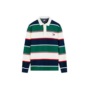 Tommy Hilfiger Gestreiftes Polohemd für Herren in Marineblau, Grün, Creme und Rot mit horizontalen Streifen, Vorderansicht