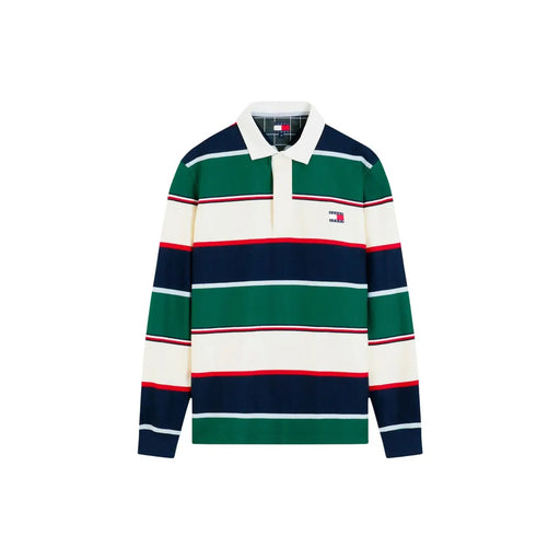 Tommy Hilfiger Gestreiftes Polohemd für Herren in Marineblau, Grün, Creme und Rot mit horizontalen Streifen, Vorderansicht