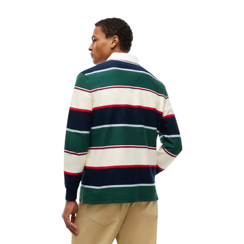 Tommy Hilfiger Gestreiftes Polo-Langarm-Rugbyshirt für Herren in Marineblau, Grün, Creme, Weiß und Rot mit horizontalen Streifen, Vorderansicht