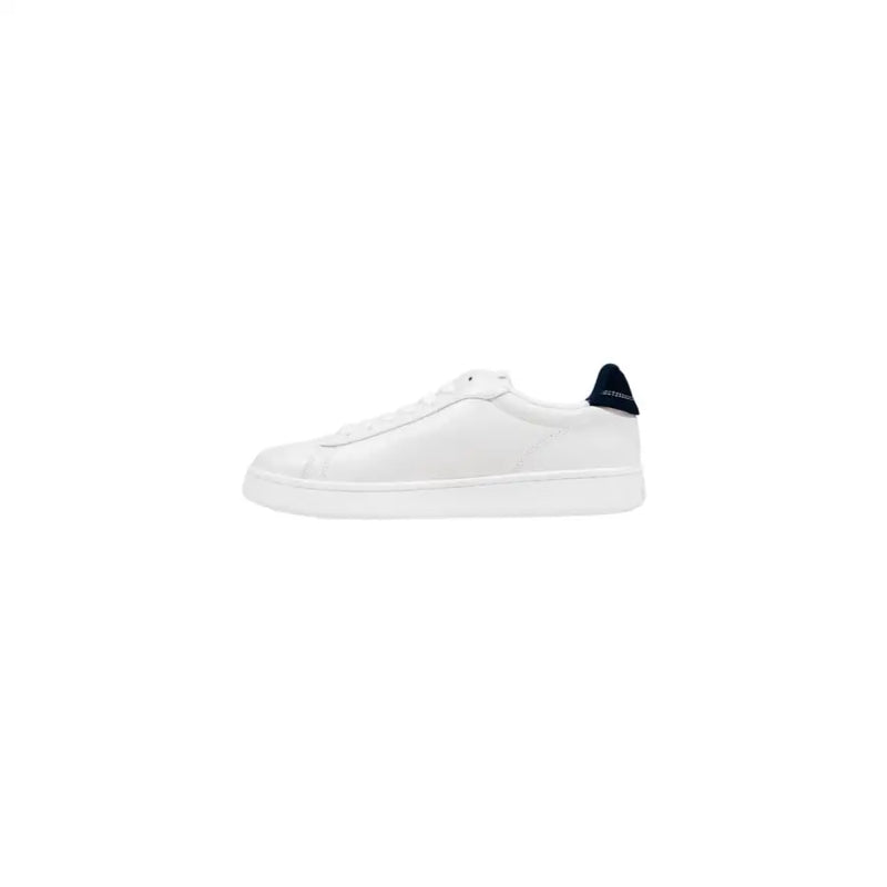 White leather sneaker with navy blue accents and lace-up design.