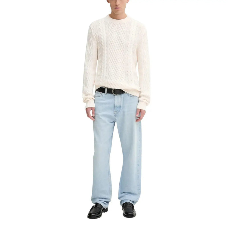 Tommy Hilfiger white organic cotton round neck sweater in cream color with cable knit textured intricate pattern