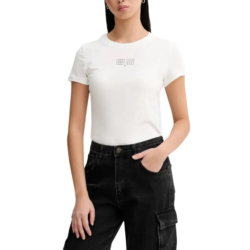 White tommy hilfiger organic cotton round neck t shirt with short sleeves and subtle black logo print on chest