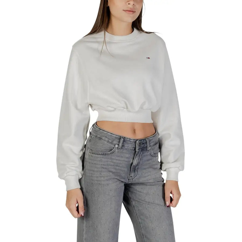Tommy Hilfiger white organic cotton cropped sweatshirt with ribbed cuffs and embroidered logo on left chest