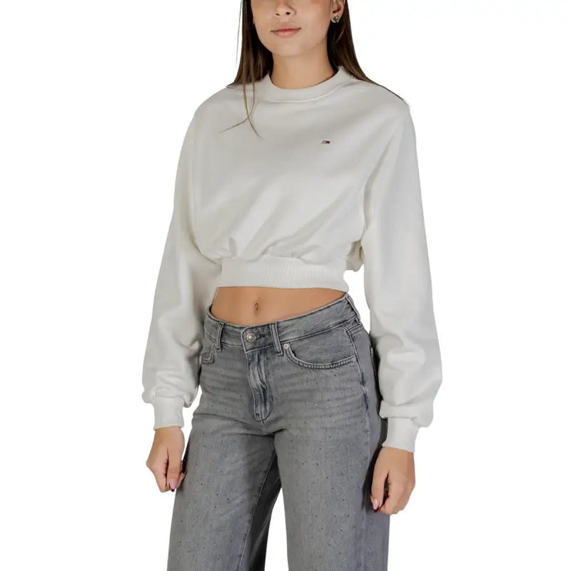Tommy Hilfiger white organic cotton women’s cropped sweatshirt with long sleeves and ribbed hem