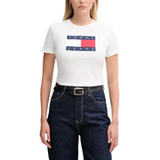 Tommy Hilfiger white printed organic cotton t-shirt for women with flag logo