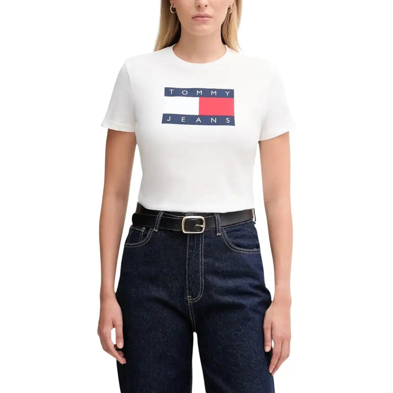Tommy Hilfiger white printed organic cotton t-shirt for women with flag logo