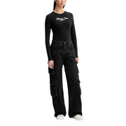 Black denim cargo pants with multiple large side pockets and a classic five-pocket design for versatile wear