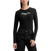 Tommy Hilfiger women black long sleeve organic cotton tee with white cursive logo across the chest