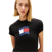 Tommy Hilfiger Schwarzes Damen-T-Shirt aus Bio-Baumwolle mit Rundhalsausschnitt und auffälligem, farbenfrohem rot-weiß-blauem Flaggenlogo