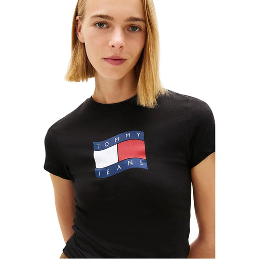 Tommy Hilfiger Schwarzes Damen-T-Shirt aus Bio-Baumwolle mit Rundhalsausschnitt und auffälligem, farbenfrohem rot-weiß-blauem Flaggenlogo