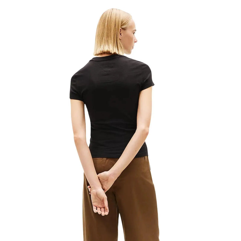 Tommy Hilfiger Schwarzes Damen-T-Shirt aus Bio-Baumwolle mit Rundhalsausschnitt, taillierter Passform und kurzen Ärmeln