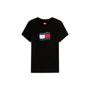 Schwarzes T-Shirt aus Bio-Baumwolle für Damen von Tommy Hilfiger mit einem auffälligen, gestickten Logo in Marineblau, Weiß und Rot
