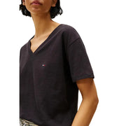 Tommy Hilfiger women black organic cotton v neck t shirt with small embroidered flag logo on left chest