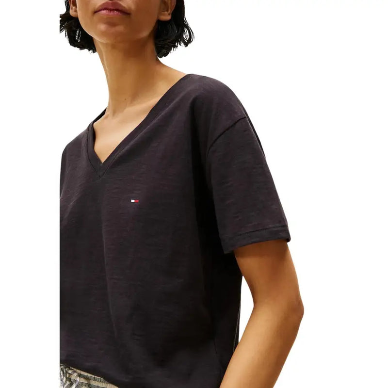 Tommy Hilfiger womens black organic cotton V-neck T-shirt with embroidered flag logo