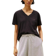 Tommy Hilfiger women black organic cotton v neck t shirt with small logo on left chest front side