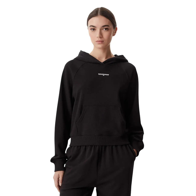 Tommy Hilfiger women black sweatshirt made of organic cotton with a subtle white logo and ribbed cuffs and hem