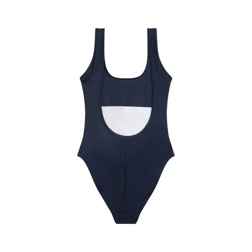 Rückansicht eines blauen Tommy Hilfiger Damen-Badeanzugs aus Nylon mit Rundhalsausschnitt, weißem Einsatz und dünnen Trägern.