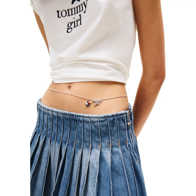 Silver star and tommy girl charm belt chain displayed with a tommy hilfiger women blue fall winter organic cotton skirt