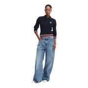 Marineblauer Zopfstrick-Polopullover mit rot-weiß gestreiften Bündchen und Saum aus Bio-Baumwolle von Tommy Hilfiger
