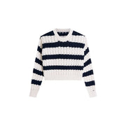 Tommy Hilfiger Damen blauer, marineblau-weiß gestreifter, kurzer Rippstrickpullover aus Bio-Baumwolle