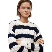 Tommy Hilfiger Damen-Strickwaren aus blauer Bio-Baumwolle, marineblau-weiß gestreifter Zopfstrickpullover mit Rippbündchen