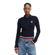 Marineblauer Zopfstrick-Polopullover mit rot-weiß-marineblauen Zierstreifen aus Bio-Baumwolle von Tommy Hilfiger Damenstrickwaren