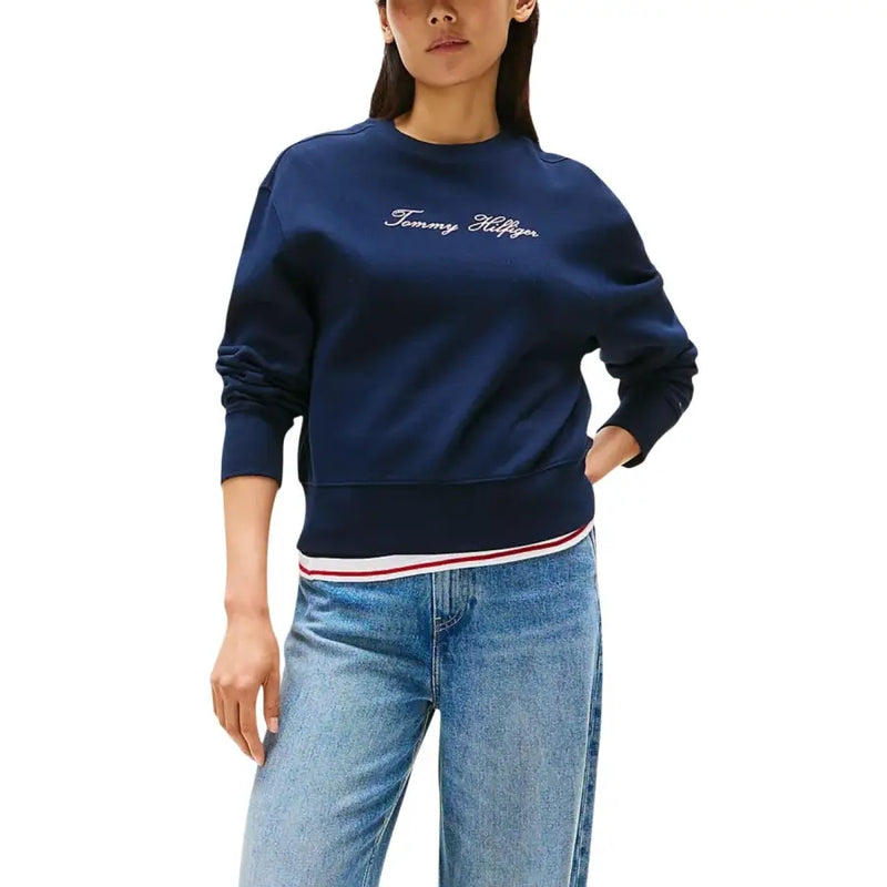 Tommy Hilfiger womens navy blue organic cotton sweatshirt with embroidered logo and patriotic hem trim