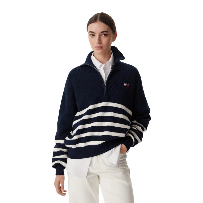 Tommy Hilfiger Damen-Strickjacke mit halbem Reißverschluss, marineblau-weiß gestreift, mit Rippbündchen und Logo auf der Brust