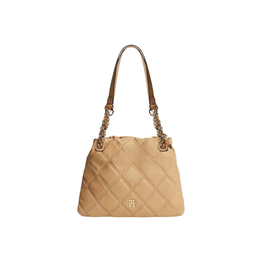 Tommy Hilfiger Braune Mini-Tragetasche für Damen aus beigefarbenem, gestepptem Leder mit goldfarbenen Ketten- und Riemenverzierungen