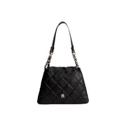 Black quilted leather handbag with chain and strap detail alongside tommy hilfiger brown mini tote bag polyurethane 28cm