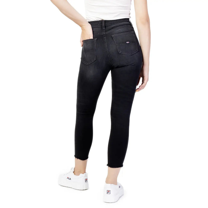 Schwarze, hochgeschnittene Skinny-Jeans Tommy Hilfiger Damen-Jeans aus Baumwoll-Denim mit verwaschenem Look und ausgefransten Säumen