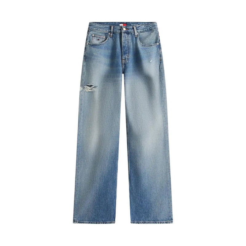 Tommy Hilfiger Damen-Jeans aus hellblauer Bio-Baumwolle mit Used-Look-Riss am linken Oberschenkel und Markenbund