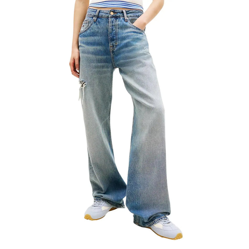 Tommy Hilfiger Damen-Jeans aus Bio-Baumwolle, hochgeschnitten, hellblau, mit verwaschenem Look und Used-Details am linken Oberschenkel