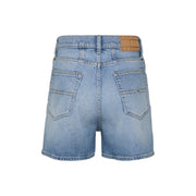 Back side of tommy hilfiger women denim shorts in blue cotton with light wash and brown leather brand label